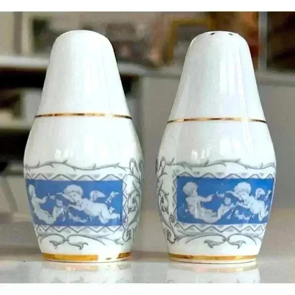 Pair of Antique Coalport Revelry Blue, White and Gold S+P Shakers